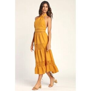 LULU'S Dress Sz XS Sunshine Fine Marigold Lace Tiered Halter Midi